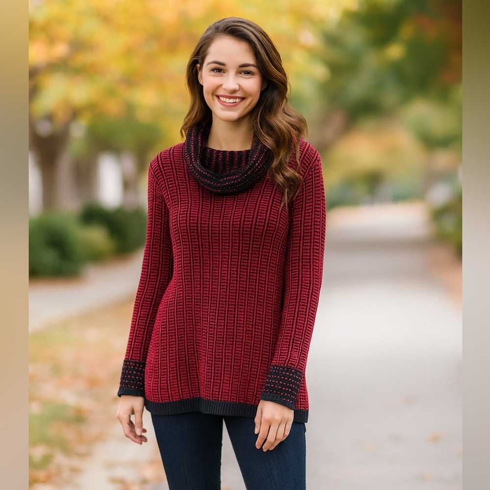 Calvin Klein | Red and Black Patterned Cowl Neck Sweater | XL